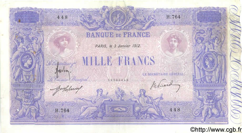 1000 Francs BLEU ET ROSE FRANCIA  1912 F.36.26 BC+