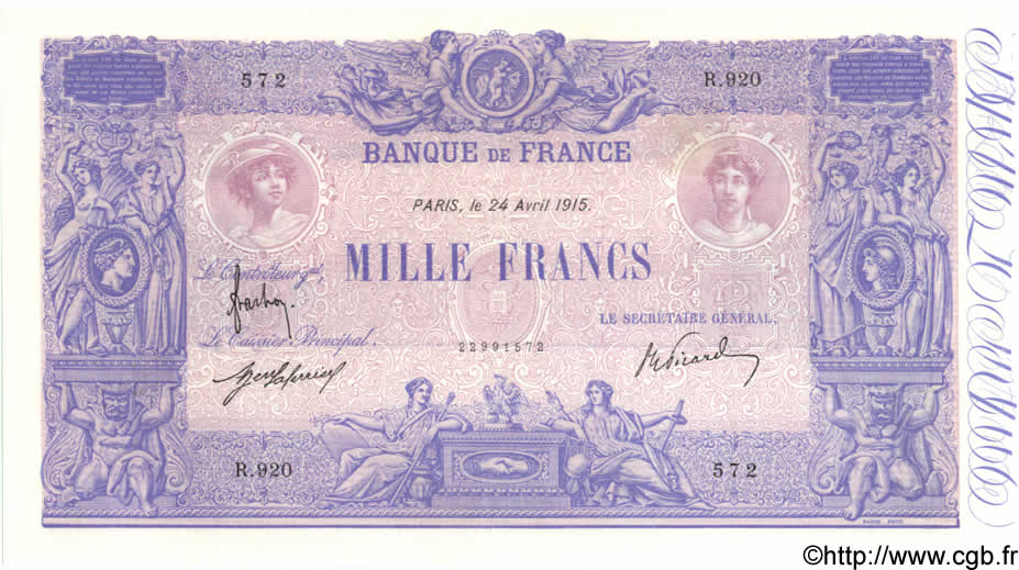 1000 Francs BLEU ET ROSE FRANCIA  1915 F.36.29 q.SPL