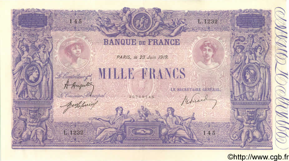 1000 Francs BLEU ET ROSE FRANCIA  1919 F.36.34 SPL+ a AU