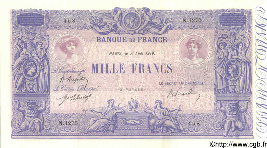 1000 Francs BLEU ET ROSE FRANCIA  1919 F.36.34 SPL