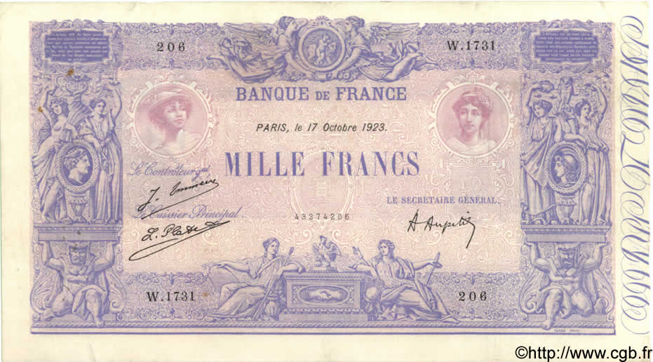 1000 Francs BLEU ET ROSE FRANCIA  1923 F.36.39 MBC