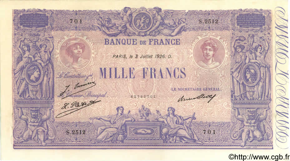 1000 Francs BLEU ET ROSE FRANCIA  1926 F.36.43 SC