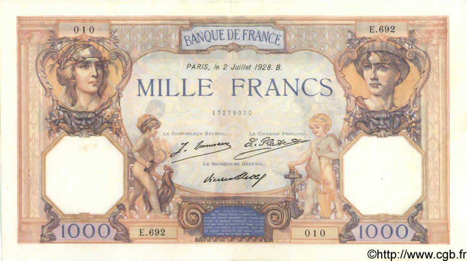 1000 Francs CÉRÈS ET MERCURE FRANKREICH  1928 F.37.02 fVZ