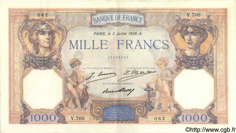 1000 Francs CÉRÈS ET MERCURE FRANCE  1928 F.37.02 VF+