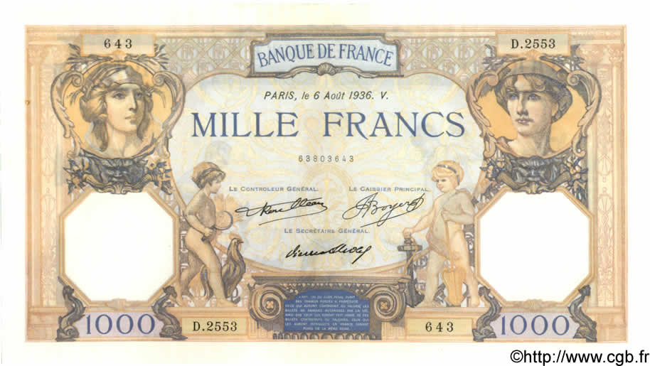1000 Francs CÉRÈS ET MERCURE FRANKREICH  1936 F.37.09 VZ