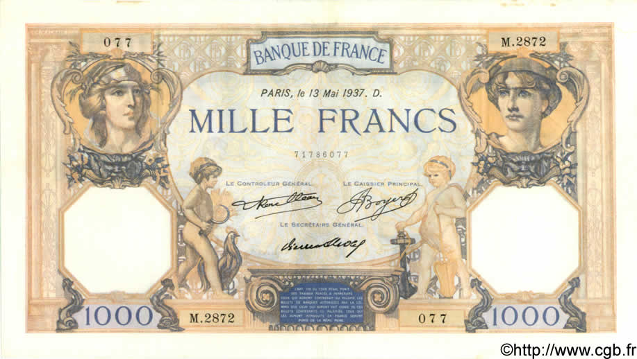 1000 Francs CÉRÈS ET MERCURE FRANKREICH  1937 F.37.10 fVZ