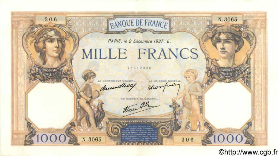 1000 Francs CÉRÈS ET MERCURE type modifié FRANCE  1937 F.38.05 XF+