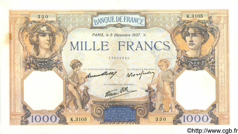 1000 Francs CÉRÈS ET MERCURE type modifié FRANKREICH  1937 F.38.06 VZ