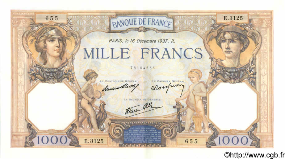 1000 Francs CÉRÈS ET MERCURE type modifié FRANKREICH  1937 F.38.07 fST