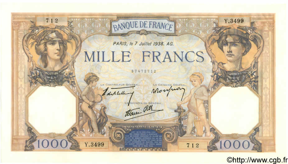 1000 Francs CÉRÈS ET MERCURE type modifié FRANCE  1938 F.38.22 AU+