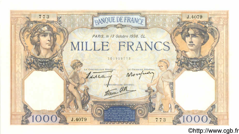1000 Francs CÉRÈS ET MERCURE type modifié FRANCIA  1938 F.38.29 SC