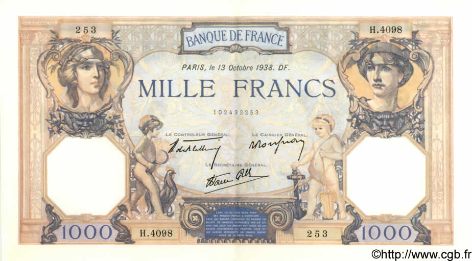 1000 Francs CÉRÈS ET MERCURE type modifié FRANCE  1938 F.38.29 SPL
