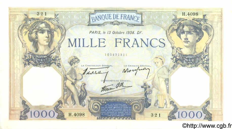 1000 Francs CÉRÈS ET MERCURE type modifié FRANKREICH  1938 F.38.29 SS