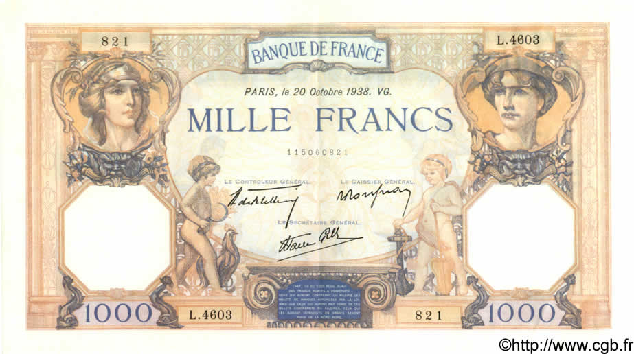 1000 Francs CÉRÈS ET MERCURE type modifié FRANCE  1938 F.38.30 SUP