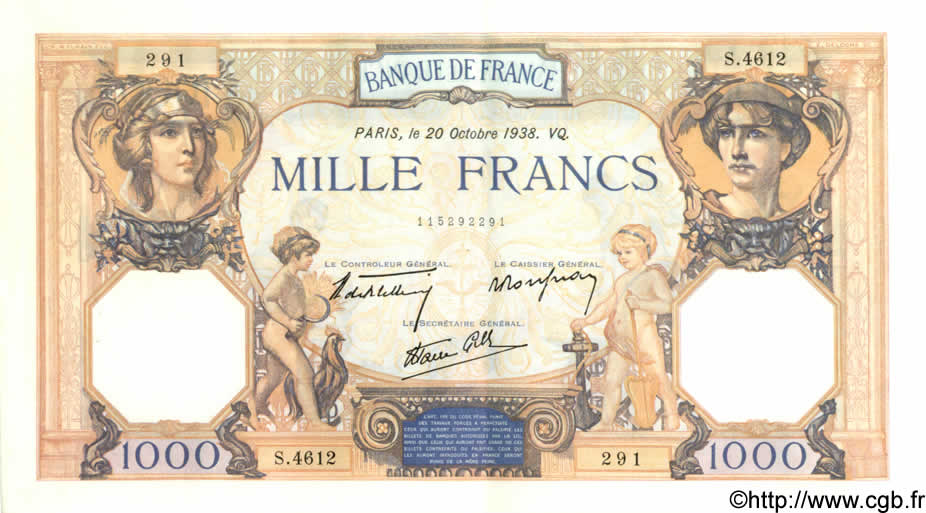 1000 Francs CÉRÈS ET MERCURE type modifié FRANCE  1938 F.38.30 AU-