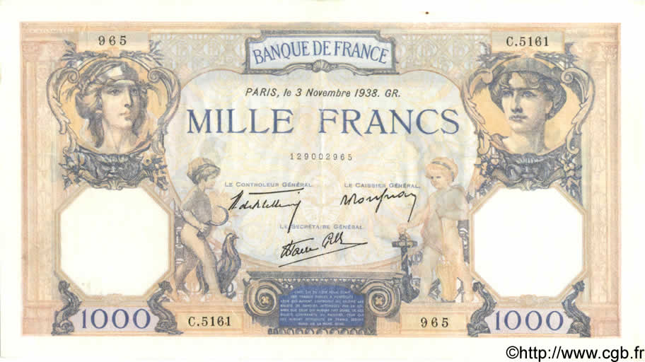 1000 Francs CÉRÈS ET MERCURE type modifié FRANCIA  1938 F.38.32 MBC+