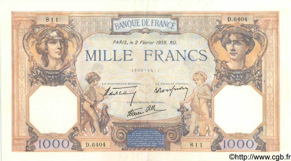 1000 Francs CÉRÈS ET MERCURE type modifié FRANCIA  1939 F.38.34 SPL+