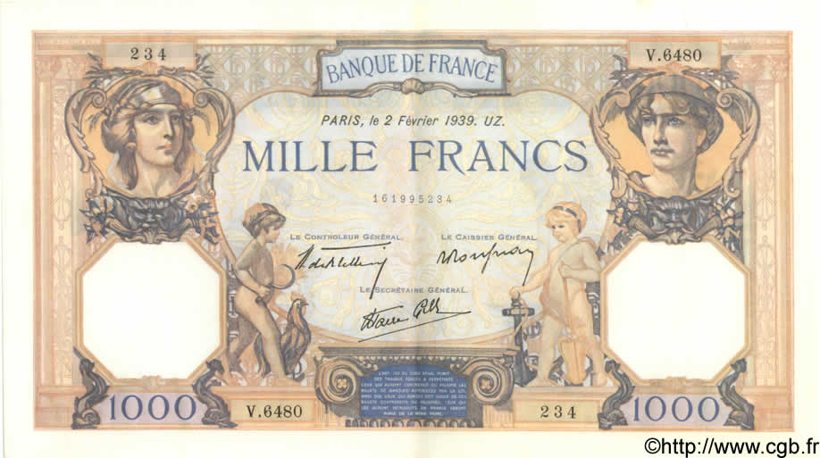 1000 Francs CÉRÈS ET MERCURE type modifié FRANKREICH  1939 F.38.34 fST+