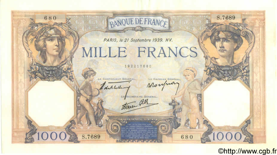 1000 Francs CÉRÈS ET MERCURE type modifié FRANKREICH  1939 F.38.37 fST