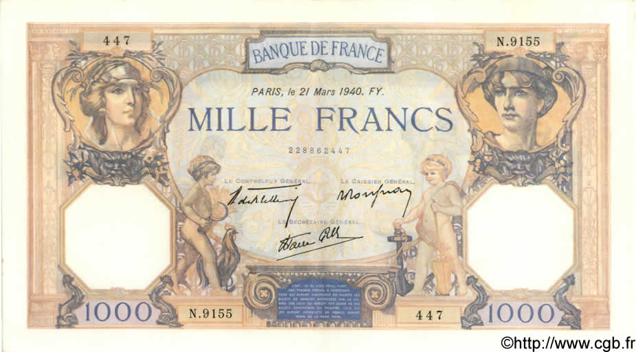 1000 Francs CÉRÈS ET MERCURE type modifié FRANKREICH  1940 F.38.44 fST