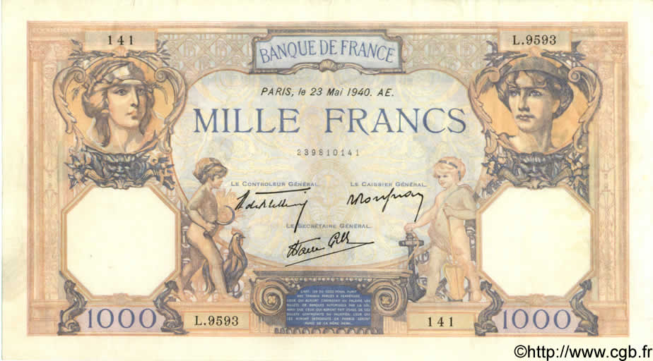 1000 Francs CÉRÈS ET MERCURE type modifié FRANCE  1940 F.38.47 TTB+