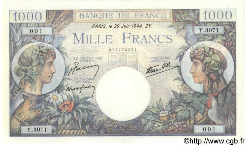 1000 Francs COMMERCE ET INDUSTRIE FRANKREICH  1944 F.39.09 fST