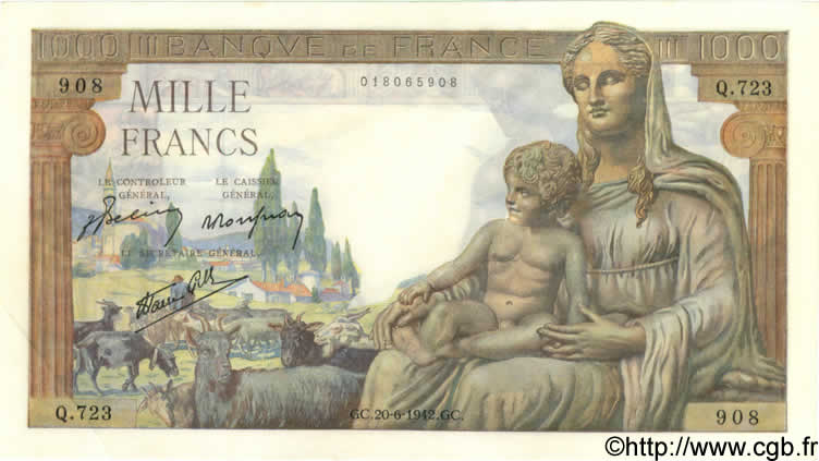1000 Francs DÉESSE DÉMÉTER FRANCIA  1942 F.40.03 AU