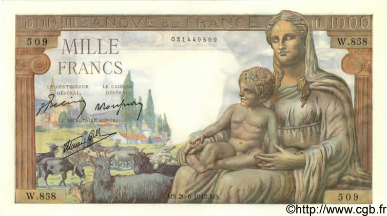 1000 Francs DÉESSE DÉMÉTER FRANKREICH  1942 F.40.03 fST+