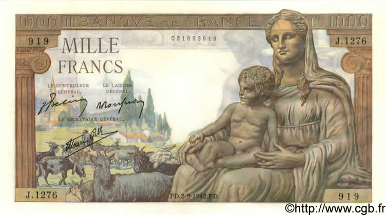 1000 Francs DÉESSE DÉMÉTER FRANCE  1942 F.40.06 UNC