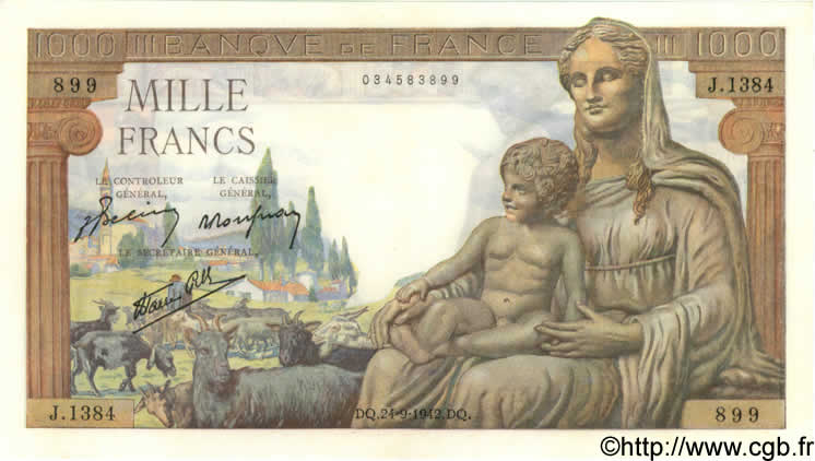 1000 Francs DÉESSE DÉMÉTER FRANKREICH  1942 F.40.07 fST+