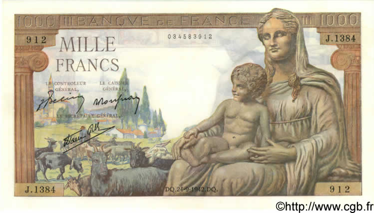 1000 Francs DÉESSE DÉMÉTER FRANCIA  1942 F.40.07 AU+