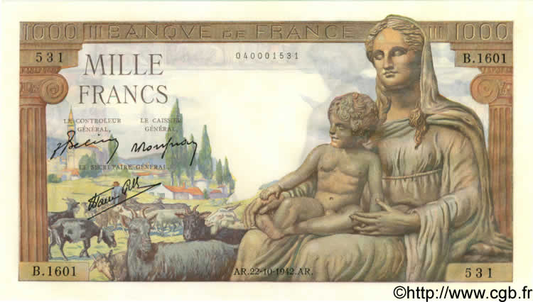 1000 Francs DÉESSE DÉMÉTER FRANKREICH  1942 F.40.09 fST+