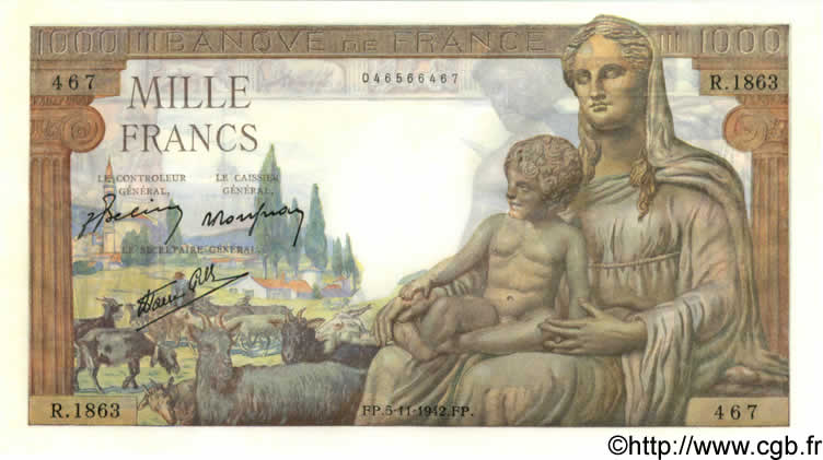 1000 Francs DÉESSE DÉMÉTER FRANKREICH  1942 F.40.10 ST