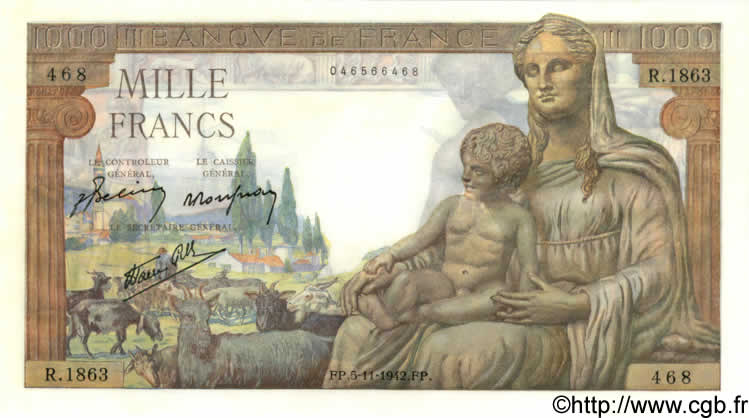 1000 Francs DÉESSE DÉMÉTER FRANCE  1942 F.40.10 UNC