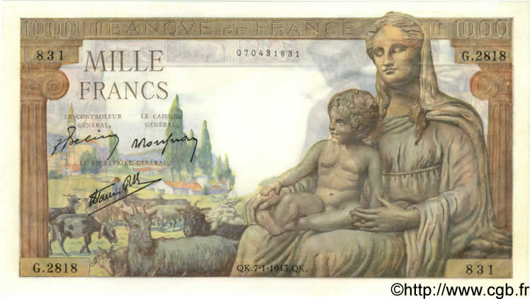 1000 Francs DÉESSE DÉMÉTER FRANKREICH  1943 F.40.15 fST
