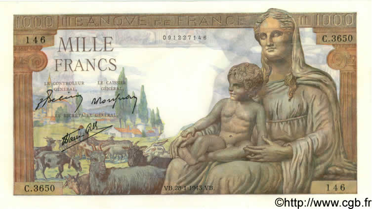 1000 Francs DÉESSE DÉMÉTER FRANCIA  1943 F.40.17 FDC