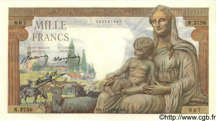 1000 Francs DÉESSE DÉMÉTER FRANCIA  1943 F.40.18 q.FDC