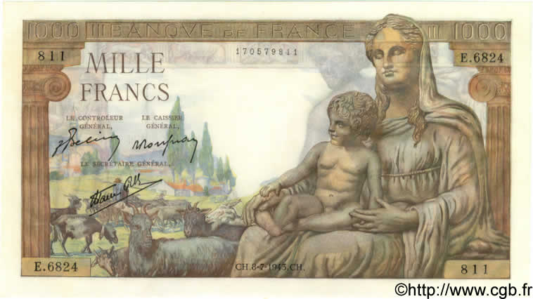 1000 Francs DÉESSE DÉMÉTER FRANCE  1943 F.40.29 UNC