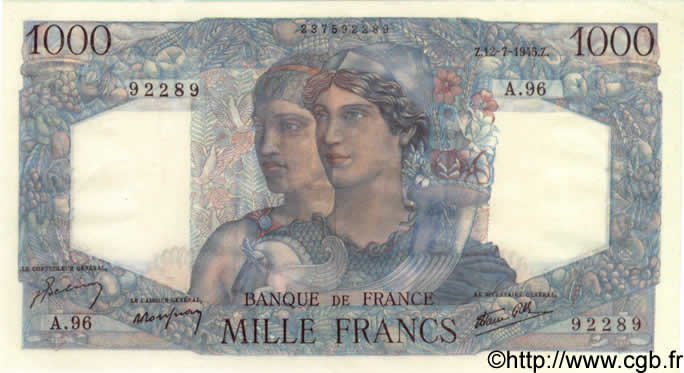 1000 Francs MINERVE ET HERCULE FRANCE  1945 F.41.06 XF+