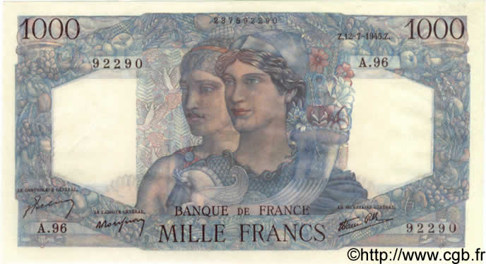1000 Francs MINERVE ET HERCULE FRANCE  1945 F.41.06 XF+
