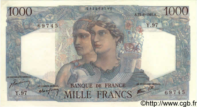 1000 Francs MINERVE ET HERCULE FRANKREICH  1945 F.41.07 fST+