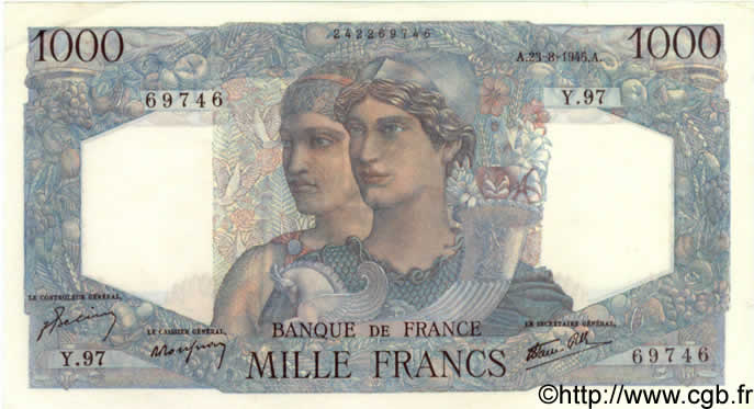 1000 Francs MINERVE ET HERCULE FRANCE  1945 F.41.07 UNC-