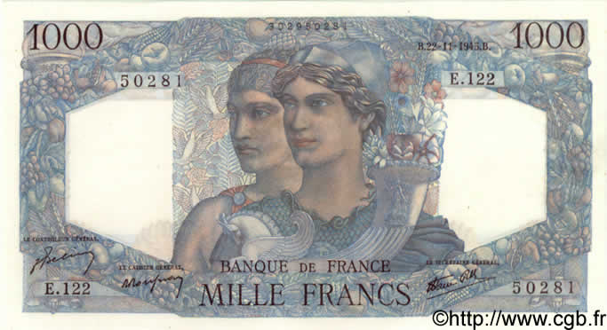 1000 Francs MINERVE ET HERCULE FRANCE  1945 F.41.08 NEUF