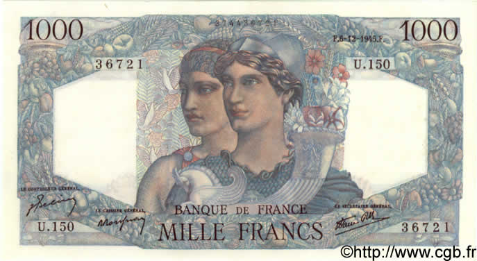1000 Francs MINERVE ET HERCULE FRANCIA  1945 F.41.09 q.FDC