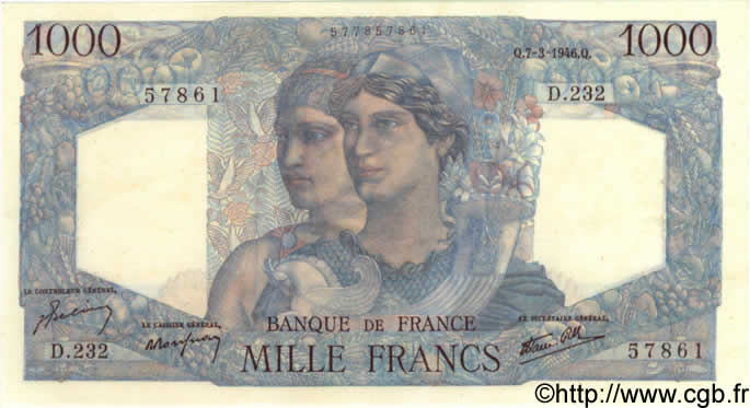 1000 Francs MINERVE ET HERCULE FRANCIA  1946 F.41.12 q.AU
