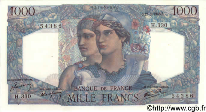 1000 Francs MINERVE ET HERCULE FRANCE  1946 F.41.16 UNC-