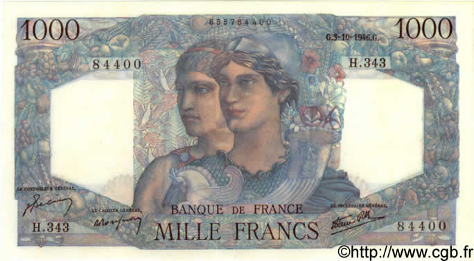 1000 Francs MINERVE ET HERCULE FRANKREICH  1946 F.41.17 ST