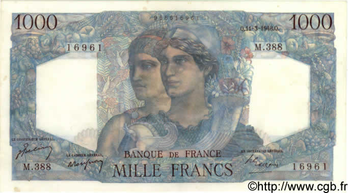 1000 Francs MINERVE ET HERCULE FRANCE  1948 F.41.19 AU