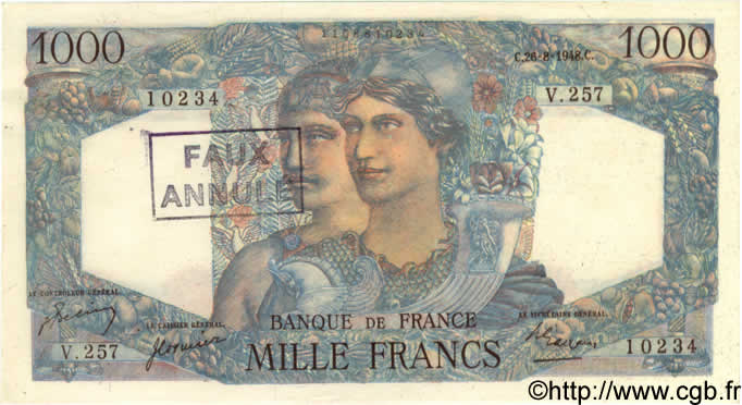 1000 Francs MINERVE ET HERCULE FRANCE  1948 F.41.23 SUP