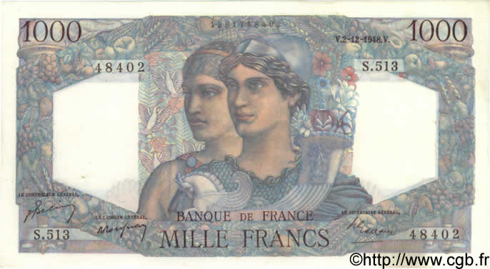 1000 Francs MINERVE ET HERCULE FRANKREICH  1948 F.41.24 VZ